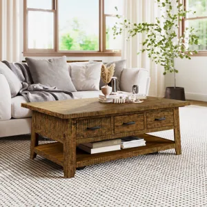Telluride Rustic Farmhouse Solid Wood 50\" Coffee Table With Caster Wheels And Pull-Through Drawers