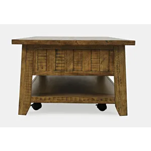 Telluride Rustic Farmhouse Solid Wood 50\" Coffee Table With Caster Wheels And Pull-Through Drawers