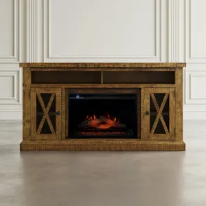 Telluride Rustic Farmhouse Solid Wood 60\" Storage Console TV Stand With Electric Fireplace