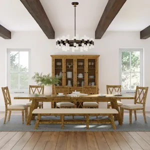 Telluride Rustic Farmhouse Solid Wood 127\" Trestle Dining Table With Two Extension Leaves