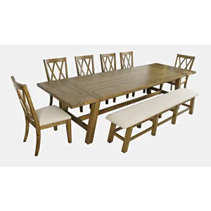 Telluride Eight Piece Rustic Farmhouse Solid Wood 127\" Extendable Dining Set With Bench