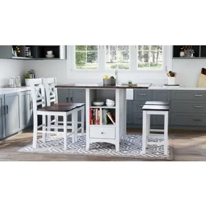 Asbury Park Solid Wood Farmhouse Storage Counter Drop Leaf Dining Table With Wine Rack