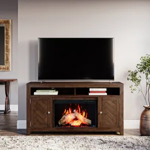 Fairview Modern Transitional 60\" Chevron Fireplace Storage Console TV Stand With Electric Fireplace