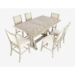 Fairview Transitional Modern Distressed 78\" Seven-Piece Upholstered Counter Height Dining Set