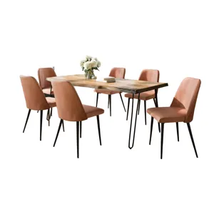 Nature\'s Edge Seven Piece Solid Acacia Dining Set With Upholstered Mid-Century Modern Chairs
