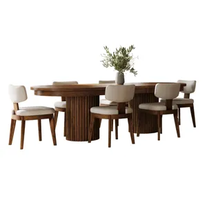 Auden 101" Seven Piece Mid-Century Modern Double Pedestal Dining Set With Upholstered Chairs