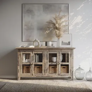 Rustic Shores 54\" Coastal Distressed Acacia Four-Door Credenza Cabinet