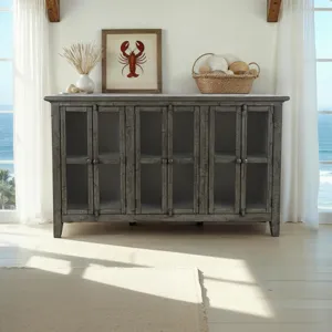 Rustic Shores 70\" Coastal Distressed Acacia Six-Door Accent Cabinet