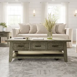 Telluride Rustic Farmhouse Solid Wood 50\" Coffee Table With Caster Wheels And Pull-Through Drawers