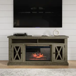 Telluride Rustic Farmhouse Solid Wood 60\" Storage Console TV Stand With Electric Fireplace
