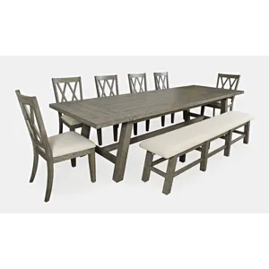 Telluride Eight Piece Rustic Farmhouse Solid Wood 127\" Extendable Dining Set With Bench