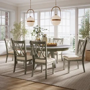 Telluride Contemporary Rustic Farmhouse Solid Wood Seven Piece Dining Table Set With Cross Back Chai