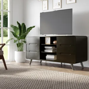 Marlowe Mid-Century Modern 64\" Curved Media Console TV Stand With Tapered Legs And Storage Drawers