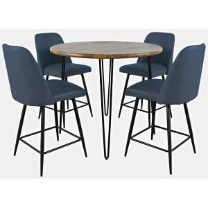 Brennan Five Piece Round Modern Solid Wood Counter Height Dining Set With Upholstered Barstools
