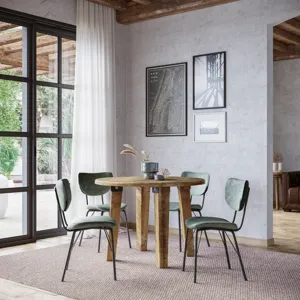 Reclamation Five Piece Round Rustic Reclaimed Solid Wood Round Dining Set With Upholstered Chairs