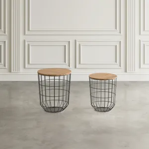 Global Archive Nested Storage Solid Wood And Metal Basket End Tables(Set Of 2)