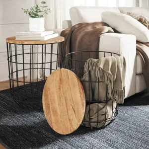 Global Archive Nested Storage Solid Wood And Metal Basket End Tables(Set Of 2)