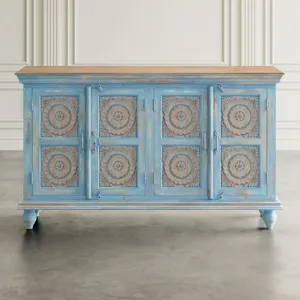 Marchand 71\" Solid Wood Boho Distressed Sideboard Cabinet With Artisan Carved Doors