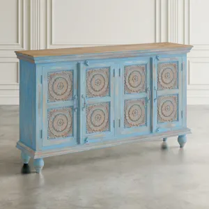 Marchand 71\" Solid Wood Boho Distressed Sideboard Cabinet With Artisan Carved Doors