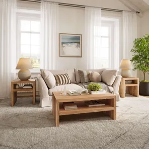 Dev Modern Mitered Edge Three Piece Solid Wood Living Room Coffee And End Table Set