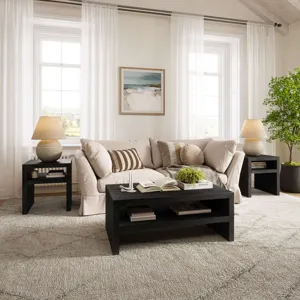 Dev Modern Mitered Edge Three Piece Solid Wood Living Room Coffee And End Table Set