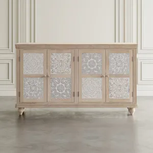 Adele 71\" Hand Carved Solid Wood Rustic Four-Door Sideboard Cabinet