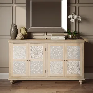 Adele 71\" Hand Carved Solid Wood Rustic Four-Door Sideboard Cabinet