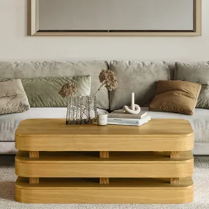 Brix Mid-Century Modern Floating Sculpture Layered Coffee Table With Caster Wheels