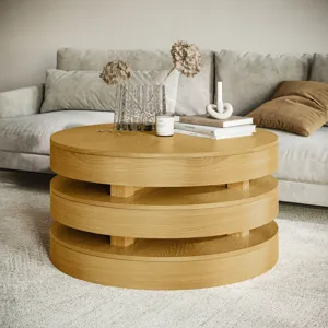 Brix Mid-Century Modern Floating Sculpture Round Layered Coffee Table With Caster Wheels