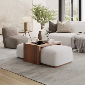 Hudson 48\" Modern Luxury Ivory Boucle Upholstered Sliding Ottoman With Caster Wheels And Coffee Tab