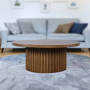 Auden 40\" Round Mid-Century Modern Fluted Pedestal Base Coffee Table With Caster Wheels