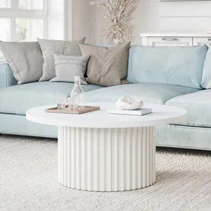 Auden 40\" Round Mid-Century Modern Fluted Pedestal Base Coffee Table With Caster Wheels