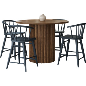 Auden Mid-Century Modern 5-Piece Counter Height Dining Set With Round Table And Spindle Back Barstools