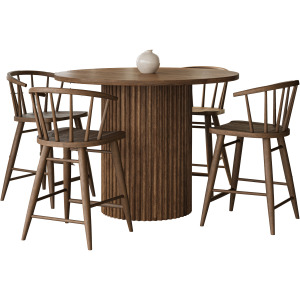 Auden Mid-Century Modern 5-Piece Counter Height Dining Set With Round Table And Spindle Back Barstools