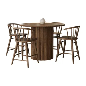 Auden Mid-Century Modern 5-Piece Counter Height Dining Set With Round Table And Spindle Back Barstools