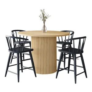 Auden Mid-Century Modern 5-Piece Counter Height Dining Set With Round Table And Spindle Back Barstools