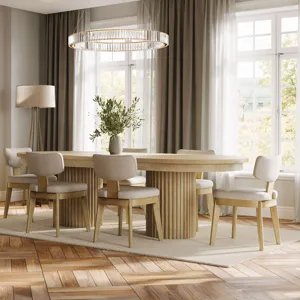Auden 101" Seven Piece Mid-Century Modern Double Pedestal Dining Set With Upholstered Chairs