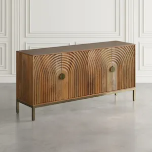 Asher 69\" Solid Wood Mid-Century Modern Curved Arch Sideboard Cabinet