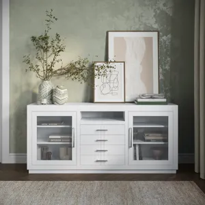 Auburn Hills 70\" Contemporary Media Console With Tempered Glass Doors, Drawers And Adjustable Shelv