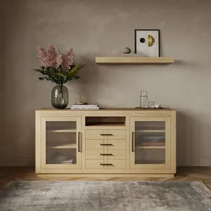 Auburn Hills 60\" Contemporary Media Console With Tempered Glass Doors, Drawers And Adjustable Shelv