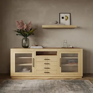 Auburn Hills 70\" Contemporary Media Console With Tempered Glass Doors, Drawers And Adjustable Shelv