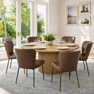 Auden 7-Piece Mid-Century Modern Dining Set With Easley Upholstered Chairs