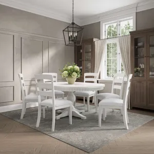 Westport Seven Piece Modern Farmhouse 66" Pedestal Dining Set With Upholstered Ladderback Chairs