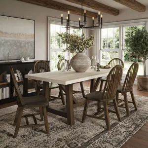 Sierrafina 7-Piece Modern Rustic 87-Inch Trestle Sintered Stone Dining Set With Hoop-Back Chairs