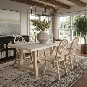 Sierrafina 5-Piece Modern Rustic 87-Inch Trestle Sintered Stone Dining Set With Hoop-Back Chairs
