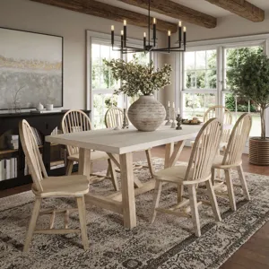 Sierrafina 7-Piece Modern Rustic 87-Inch Trestle Sintered Stone Dining Set With Hoop-Back Chairs