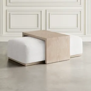 Hudson 48\" Modern Luxury Ivory Boucle Upholstered Sliding Ottoman With Caster Wheels And Coffee Tab