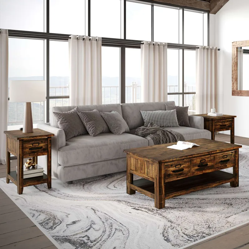 Cannon Valley Rustic Modern Three Piece Living Room Coffee, End Table And Side Table Set