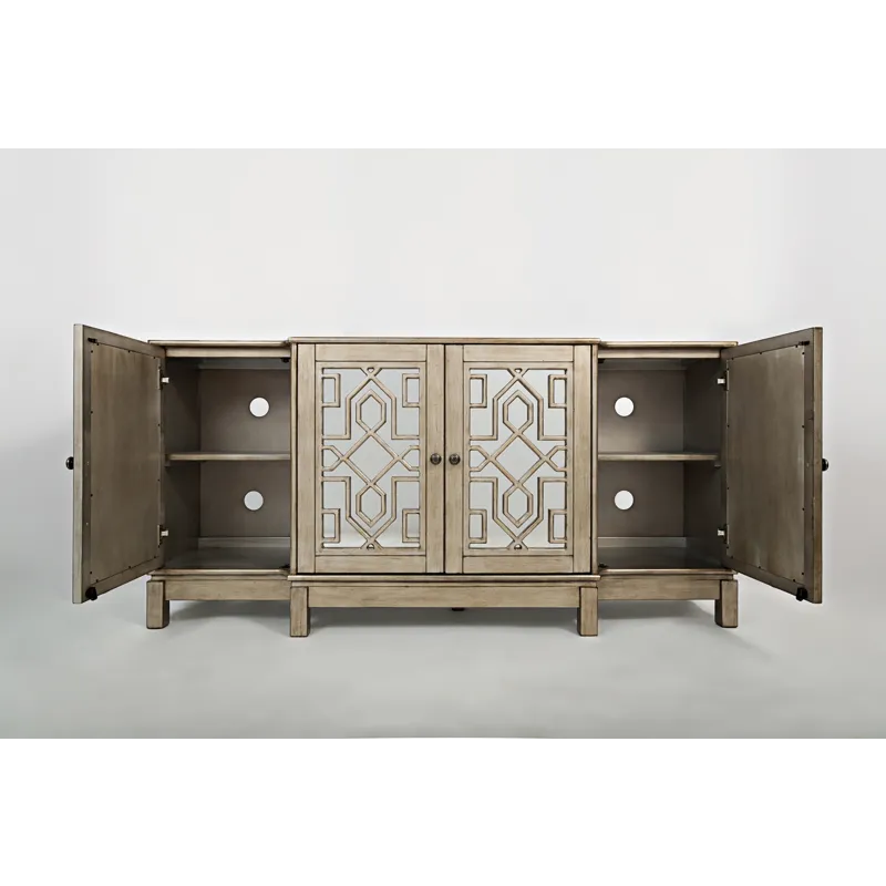 Casa Bella Glam 70\" Mirrored Console Four Door Storage Cabinet Vintage Silver