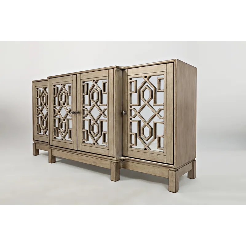 Casa Bella Glam 70\" Mirrored Console Four Door Storage Cabinet Vintage Silver